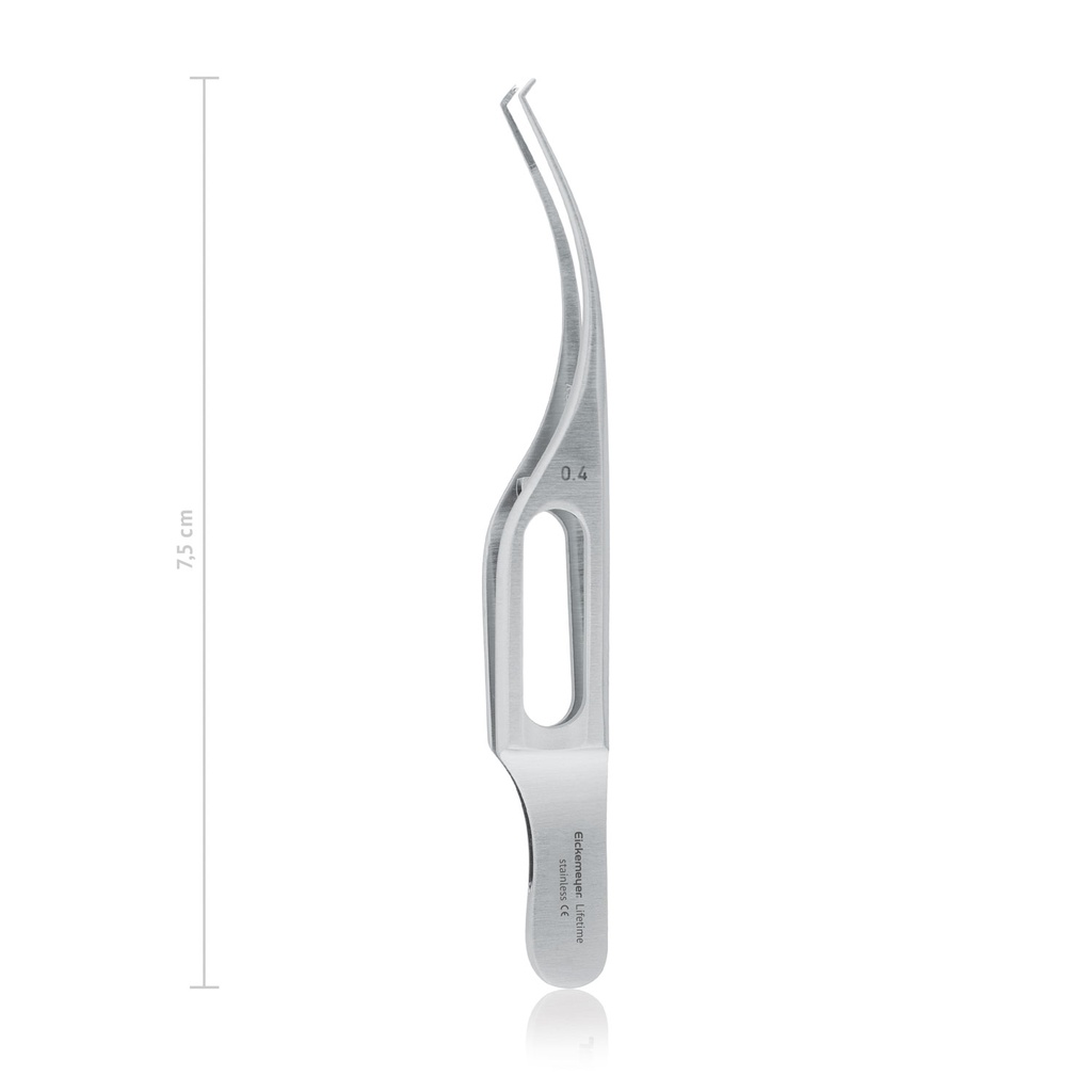 BARRAQUER (Colibri) iris-/naaipincet, 0,4 mm, H 7,5 cm, 1×2 tanden, 45°, met platform