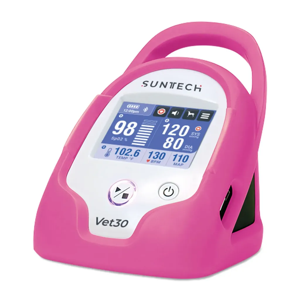 [217232] Bloeddrukmeter SunTech VET30 roze, incl. 6 manchetten, SpO2-sensor, temperatuursensor, bloeddrukslang, netvoeding, Li-ion-accu en beschermhoes