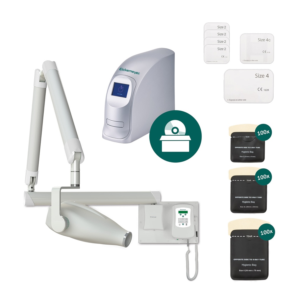[A7080360001] Set: Dentale Xray & DigiVet CR PREMIUM Dental Reader incl. Starterkit 4 x IP Size 2 (31 x 41 mm), 1 x IP Size 4c, (48 x 54 mm), 1 x IP Size 4  (54 x 76 mm), per maat 100 beschermhoesjes, DigiVet Dental Vet Imaging Software Pack, inclusief DICOM modaliteiten (Send/Retrieve)  (Wandmodel)