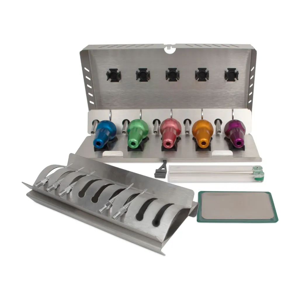 DENTANOMIC Feline Set – Goud (Standaard), bestaande uit 5 standaardhandgrepen (paars, oranje, groen, blauw en roze) + elevatorbladen van 2 en 3 mm + luxatorbladen van 1,5, 2 en 3 mm + opbergrek + slijpset + sterilisatiebak