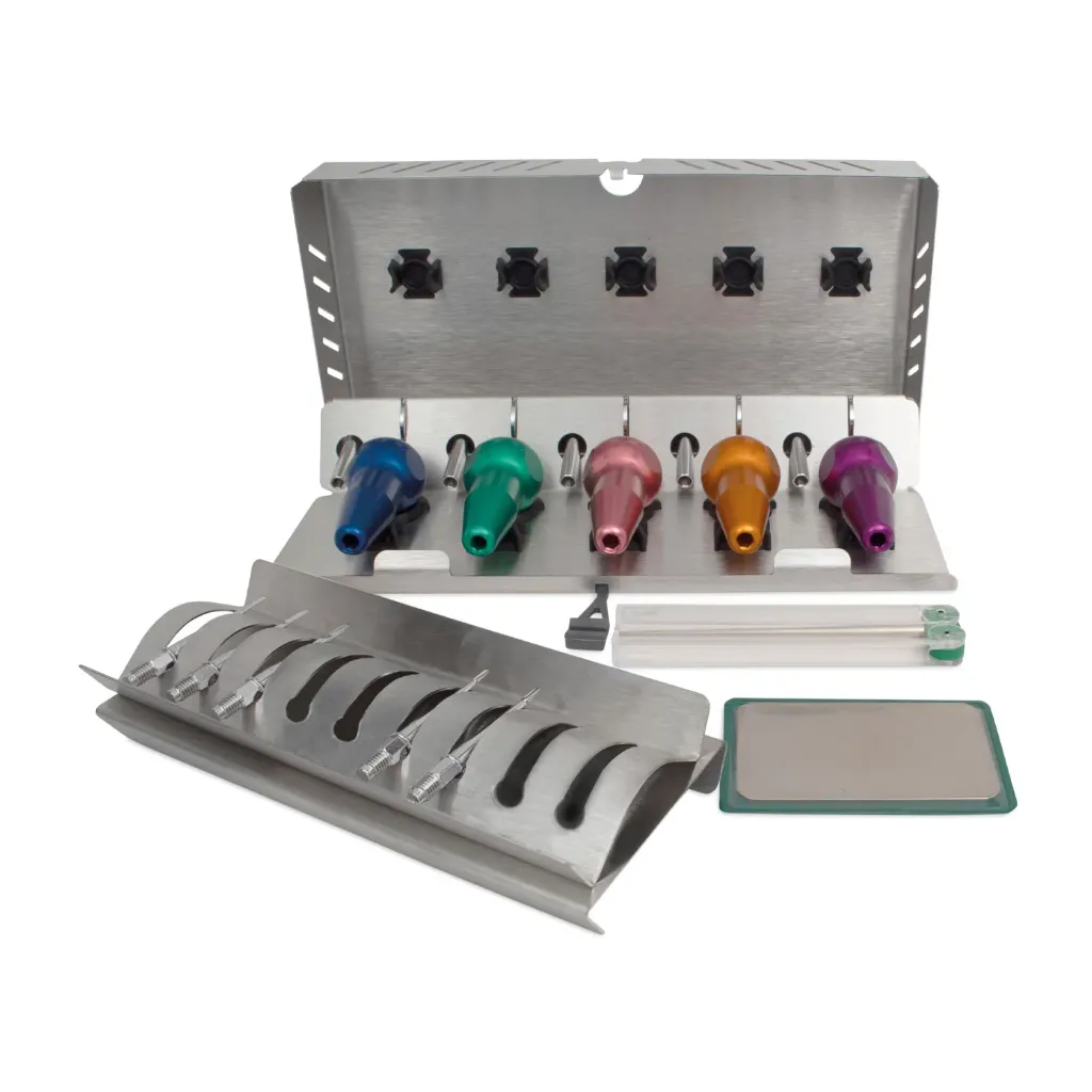 DENTANOMIC Feline Set – Gold (Long), bestaande uit 5 lange handgrepen (paars, oranje, groen, blauw en roze) + elevatorbladen van 2 mm en 3 mm + luxatorbladen van 1,5 mm, 2 mm en 3 mm + opbergrek + slijpset + sterilisatiebakje