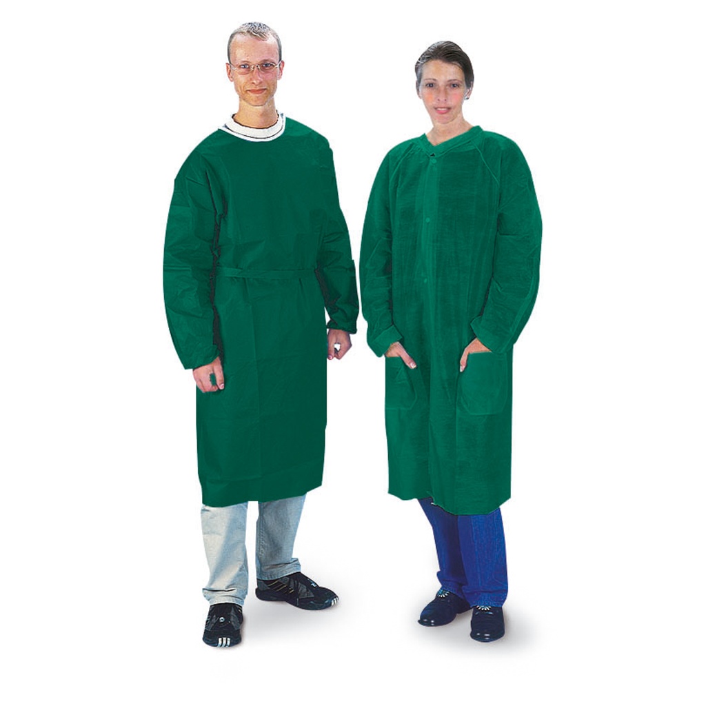 wegwerpjas, groen, steriel, kunststof, met klittebandsluiting, universele maat 