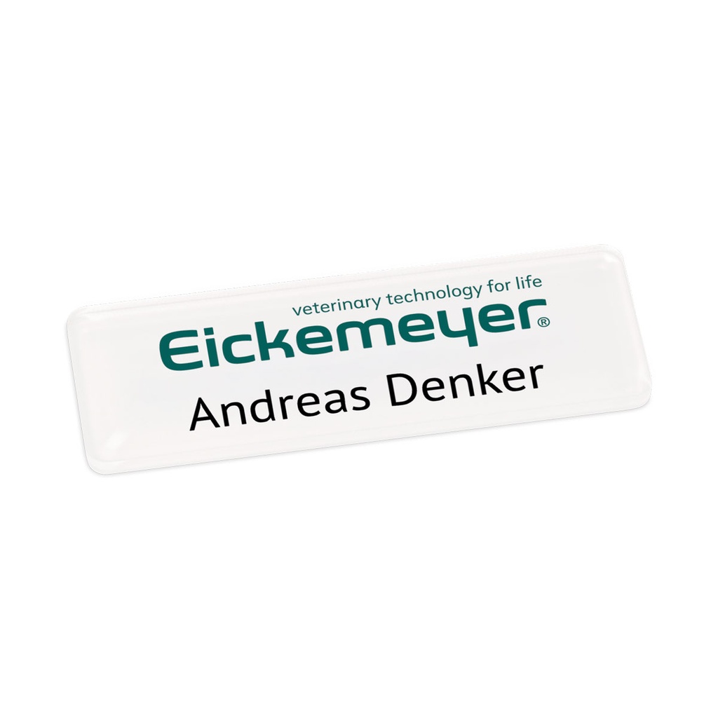 Namensschild aus Plexiglas, zweizeilig, 75 x 25 mm, Digitaldruck, Rundecke  mit MAGNET