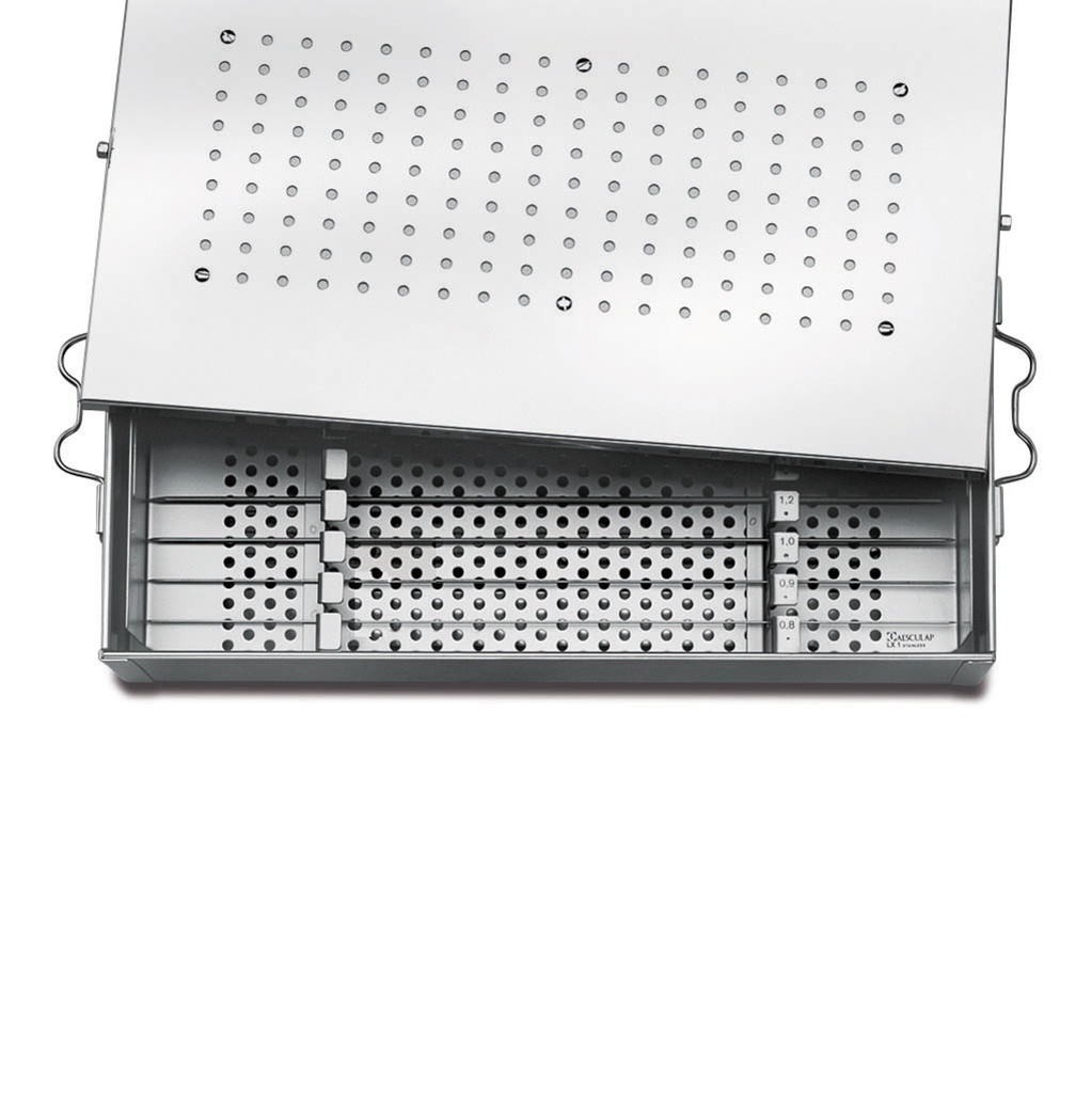 sterilisatiebox voor sorteerrek 180851, roestvrij staal, geperforeerd met beugelsluiting
