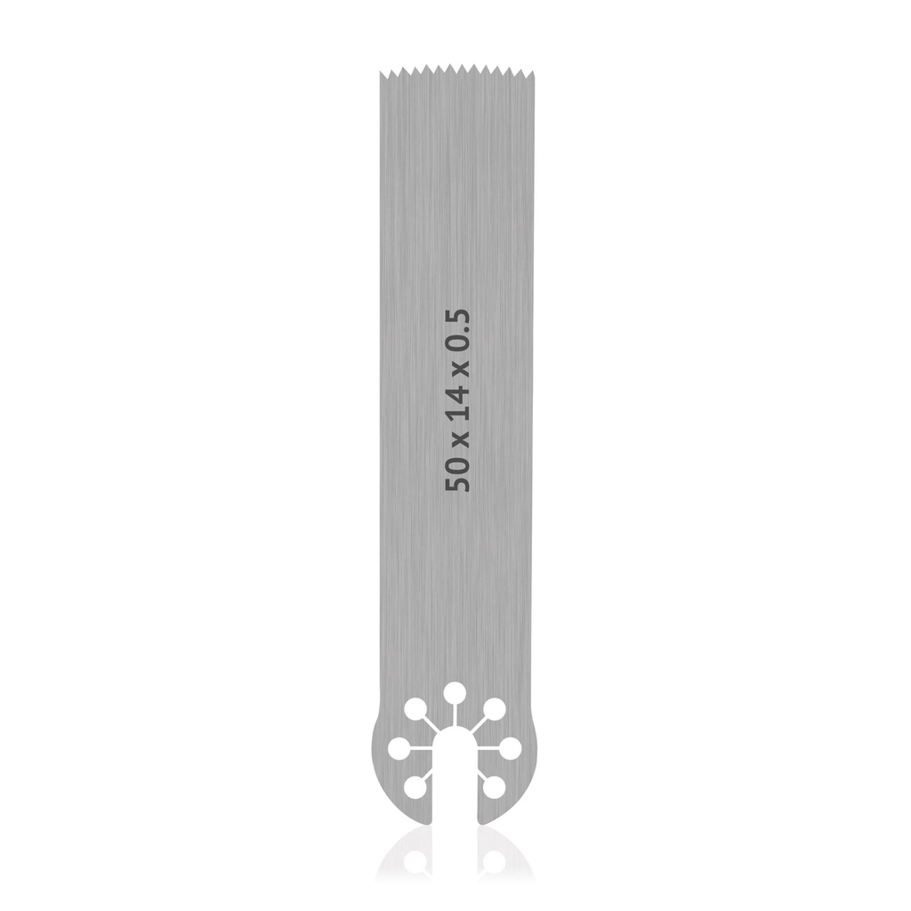 Sägeblatt für OrthoVet PRO/OrthoVet PLUS mit AESCULAP Aufnahme, aus Edelstahl, Maße in mm (L 50 x B 14 x H 0,5)