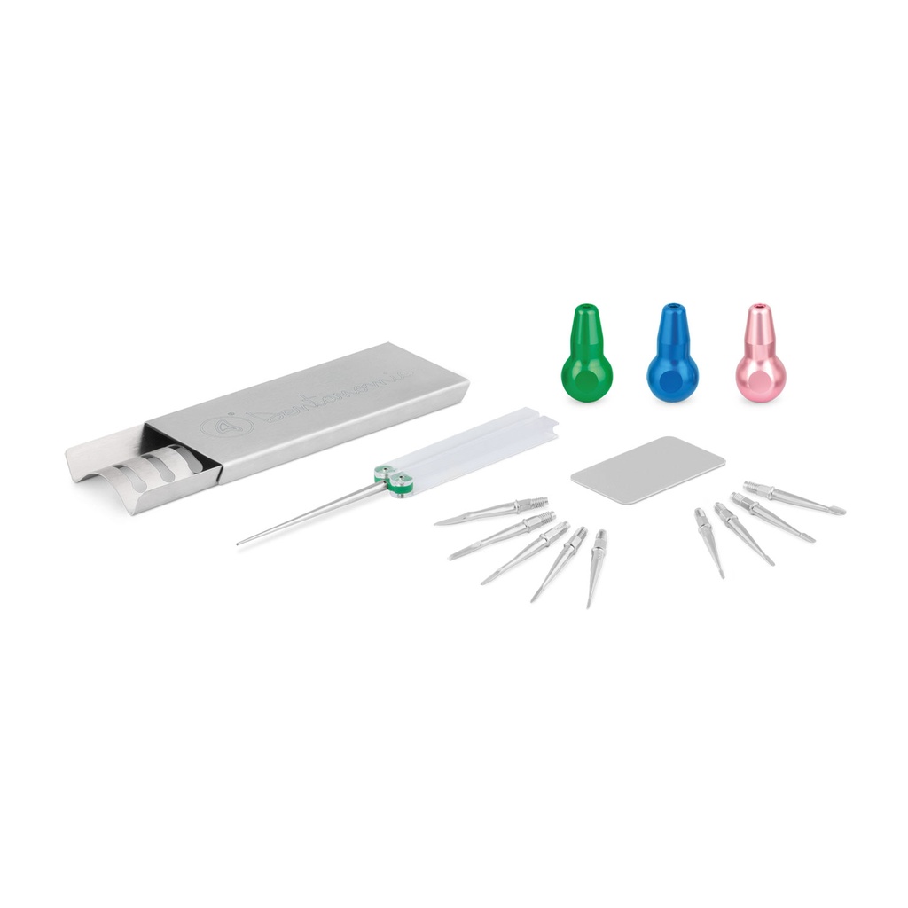 [175060] DENTANOMIC set - zilver, bestaande uit 3 handgrepen (groen, blauw en roze) + elevator en luxator messenset (9 stuks) + opbergrekje + slijpset