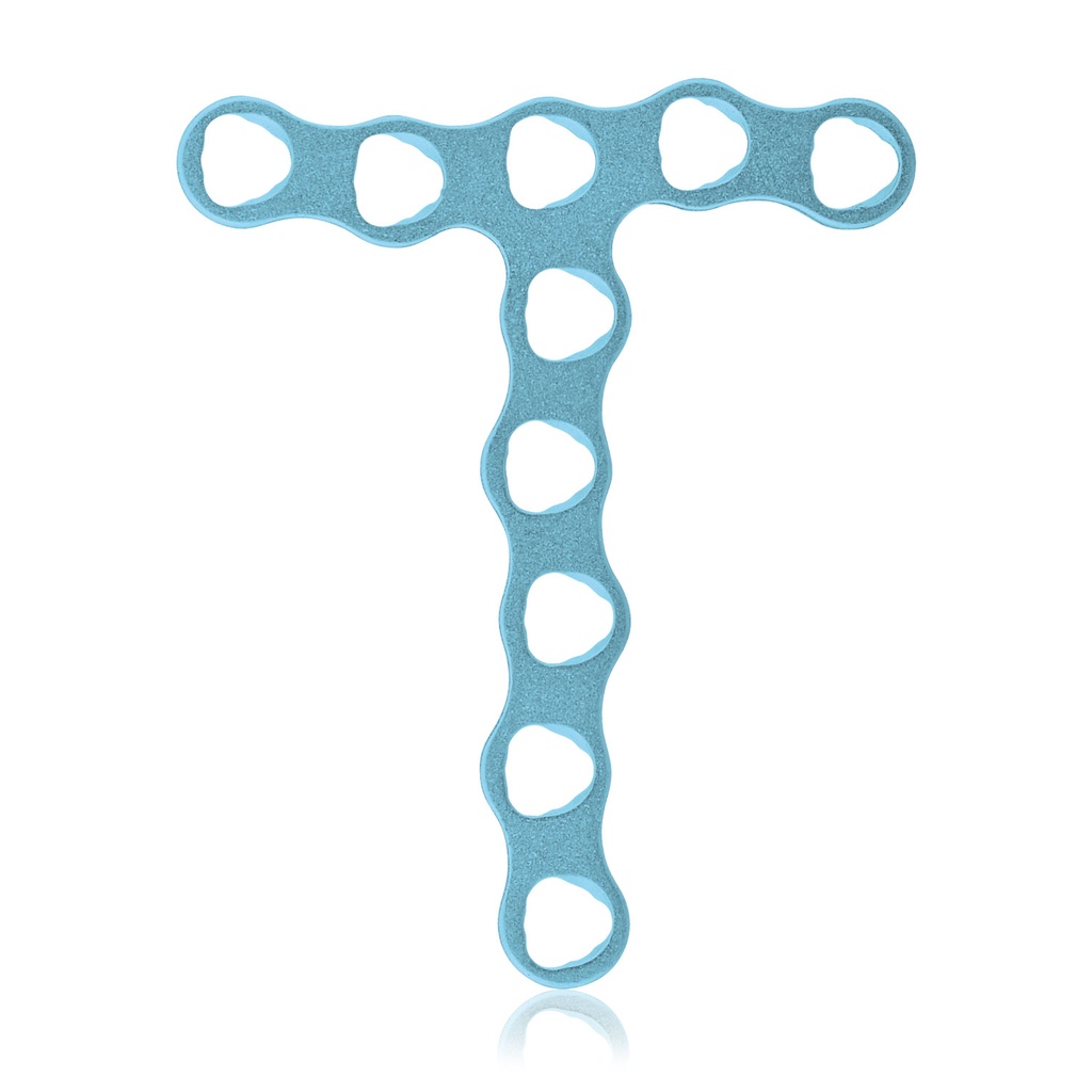 [197414] Plade til EickLoxx Micro sæt. T-formet, 1,0 mm med 10 huller 23,5x19,5x3,5x1,0 mm. Lyseblå
